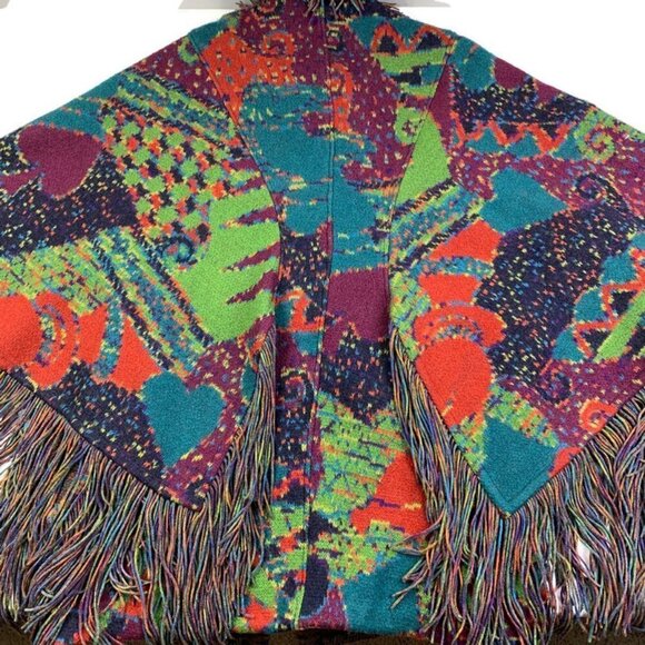 Missoni Vintage 80s 100% Wool Fringe Artsy Colorful Knit Jacket Poncho Women's M - Picture 9 of 16